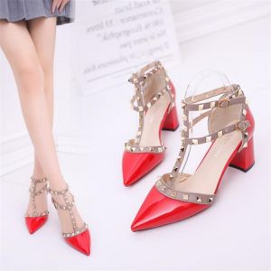 Women's shoes 2021 summer sandals pointed patent leather rivet buckle sandals thick with heel wild thin