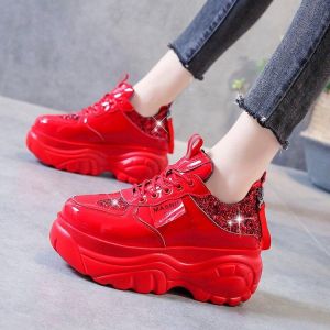 New Women Glitter Sneakers Casual Female Lace Up Zipper Platform Shoes Fashion Comfort Dad Chunky  White Black Red