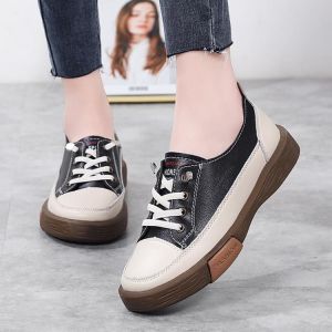 Sport Shoes Women Natural Genuine Leather Flat Casual Shoes Female Ballet Flats Lace Up White Soft Sole Sneakers Ladies Flats