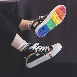 Women's Fashion 2021 Vulcanized Shoes Sneakers New Rainbow Retro Canvas Flat Casual Comfortable High Gang Lace-up White Autum