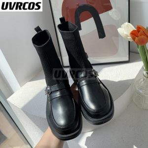 UVRCOS 2022 Women's Rubber Boots Sock Shoes Leather Booties Low Heels booties Round Toe Winter Footwear