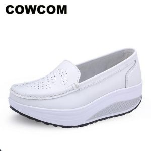 COWCOM 2021 WADDLE Shoes White Breathable Sneakers Nurse Shoes Leather Thick Bottom Slope Muffin Women's Single Shoes Sneaker