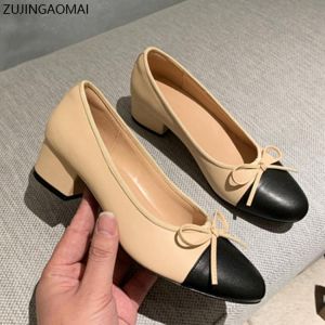Bow Ballet High Heels Shoes Woman Basic Pumps 2022 Fashion Two Tone Stitching Round Bow Work Shoe Fashion Party Women Shoes Pump