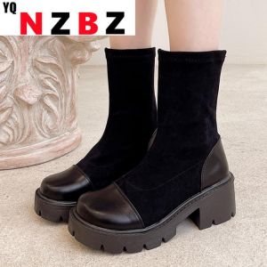2022 Fashion High Quality Shoes Women Casual Slip-On Patchwork Flat Platform Round Toe Comfortable Solid Autumn Winter Boots