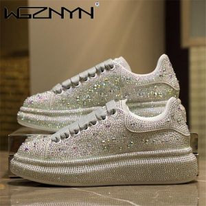 WGZNYN 2021 New Fashion Women Shoes Luxury Sports Shoes Women Designers Leather Shoes Silver Rhinestone Crystal Sneakers Tide