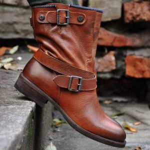 2021 Vintage Style PU Leather Women Boots Flat Booties Soft Cowhide Women's Shoes Front Hasp Ankle Boots Zapatos Mujer