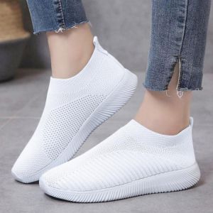 Women Shoes Plus Size 43 Autumn Sneakers Woman Vulcanized Shoes Casual Slip On Flat Shoes White Mesh Soft Walking Footwear