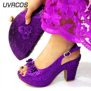 Lastest Italian Design Fashion Style Ladies Shoe with Matching Bag Set 2021 Nigerian Shoes and Bag Set in Purple Color for Party