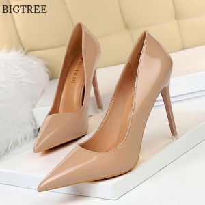 Autumn Patent Leather Concise Women's Shoes Pointed Toe Office High Heels Pumps Women Sexy Party Wedding Shoes Shallow Nude R