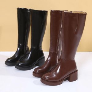 Women Boots Pu Leather 2021 Winter Fashion Ladies Shoes Mid Heel Zippers Autumn Female Platform Knee High Boots Woman Long Boots
