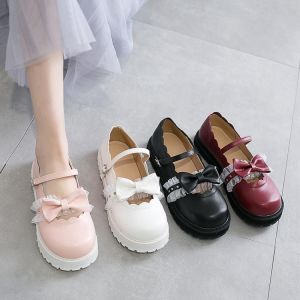 japanese sweet lolita shoes pink white red black bow Harajuku heels women cute shoes korean women shoes round head kawaii shoes