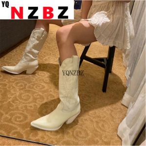 2021 Fashion Cowboy Boots Pull-on Pointed Western Boots Thick Heel Retro Embroidery Fashion Botas Mujer Winter Shoes Women