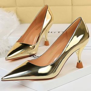 2021 Women 7.5cm High Heels Pumps Lady Sexy Wedding Bridal Gold Low Heels Prom Fetish Leather Glossy Scarpins Plus Size 43 Shoes