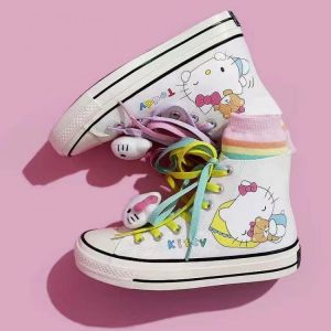 Women's Canvas Shoes High-top Flat Canvas Shoes Hand-painted Couple Student Sneakers  Hello Kittyed Shoes for Women Sneakers