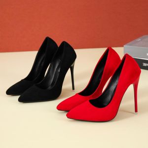 Big Size 35-45 women's shoes 2021 concise flock high heels women pumps pointed toe classic red gray ladies wedding shoes offi
