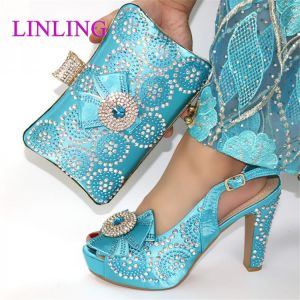 Super2021 High Heels Italian Ladies High Quality Shoes and Nice Bag to Match New in Sky Blue Color with Butterfly Knot Sandals