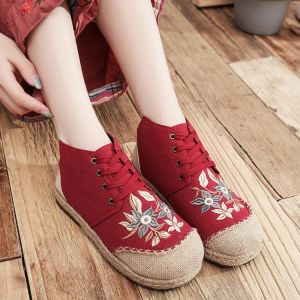 Women's Winter Thick-Soled Round-Toe Embroidered Cloth Shoes, Women's Lace-Up Mid-Tube Casual Chinese Short Boots Retro 