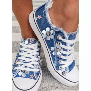 2021 New Women Comfortable  Denim Canvas Flats Flower Vulcanized Female Summer Fashion Lace-up Sneakers Ladies Casual Shoes