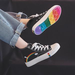 Women's White Canvas Sneakers Rainbow Vulcanized Shoes Woman Sneakers High Top Canvas Shoes Fashion Summer Sneaker Flats Shoe