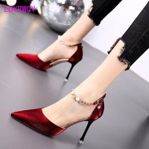 One word belt single shoes autumn 2021 new women's shoes red temperament pointed high heels women