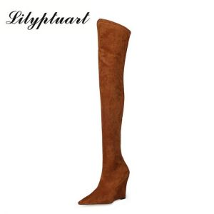 New Fashion European and American Style Over-the-knee Boots Pointed Toe Wedges Suede Stretch Woman Shoes High Heels Sexy