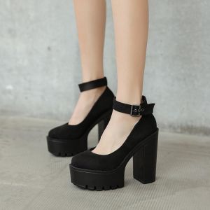 13cm New Fashion Round Toe Waterproof Platform Pumps Square High Heels Ankle Strap Black Sexy Women Shoes 38 39 40