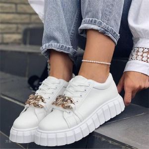 Vulcanized sneakers women's white chain lace round toe thick wedges comfortable casual fashion 2021 plus size women's sh