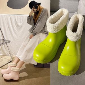 Winter Keep Warm Waterproof Women Rain Boots Thick Bottom Fur Ankle Boots Fashion Solid Ladies Snowboot EVA Green Galoshes Shoes