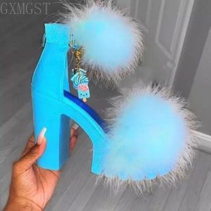 2021 Women Shoes Coarse-heeled Fur Rubber SandalsWomen Shoes Womens Platform Heels Mary Janes Shoes High Heels Leather Shoes