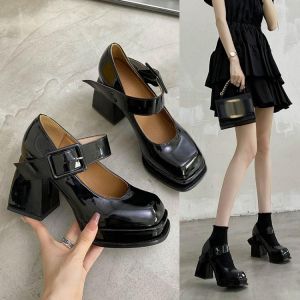 Women's High Heels, Mary Janes with Waterproof Platform, Casual Chunky Heel Pumps in Retro Style (Patent Leather)
