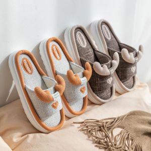 Women Autumn Shoes Ladies Linen Slippers Women Soft Thick Bottom Comfort Non-slip Kawaii Shoes Cotton Linen Couple Slippers Men