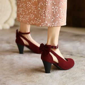 ZawsThia 2021 Flock Burgundy Round Toe Ankle Buckle Strap Lady Mary Janes Pumps With Butterfly Knot Womens Spike High Heels Shoe