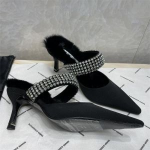 Alex Women's Rabbit Fur High Heel Shoes Ander Wang Crystal Diamond Patent Leather Black Satin 7cm Thin Heel Shoes 122742