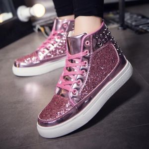 Women High Top Sneakers Gold Silver Glitter Sneakers Women Casaul Shoes Lace Up Platform Women Shoes Sequins Rivets Lovers Shoes