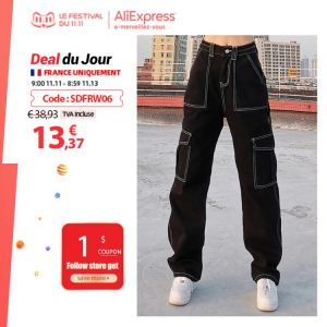 Weekeep Pockets Patchwork Baggy Jeans Fashion Streetwear 100% Cotton Women Denim Trouser Loose Cargo Pants Korean Jeans Harajuku