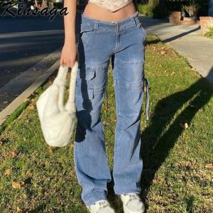 Y2K Low Rise Staright Cargo Jeans Wrap Belt Retro Denim Pants Ruched Drawstring Women Denim Trousers Street Indie Aesthetic Jean