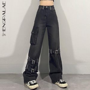 SHENGPALAE High Street Zipper Binding Jeans Women's Spring 2021 New High Waist Straight Loose Pocket Denim Cargo Pants 5B349