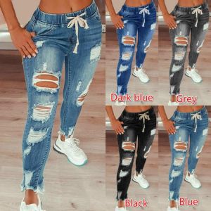 Drawstring Denim Jeans For Women Ripped Hole Stretch Jean Ladies Plus Size Full Length Pencil Pants