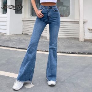 Benuynffy Button Fly Women's Raw Hem Flare Jeans Autumn Fashion Woman Denim Pants Jean Femme High Waist Full Length Slim Jean