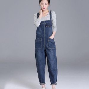 Fashion Loose Pocket Jeans Women Autumn Bib Pants Overalls Shoulder Strap Jumpsuit Large Size brand Denim Jeans Pants