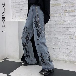 SHENGPALAE 2021 New Summer Fashion Ins Street Hip-hop Printing Wash Jeans Loose Casual Denim Wide Leg Pants Tide Woman ZA4395