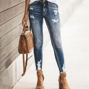 Dark Blue Ripped Jeans Pants Women's Jeans Super Stretchy Skinny Leg Denim Trousers Streetwear Casual Distressed Pant Hem