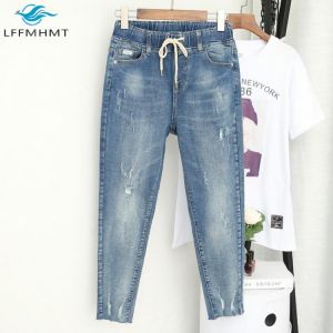 Women Summer Autumn Baggy Elastic Waist Jeans Korea Style Ripped Pants Female 100KG Oversize Loose Harem Trousers Cloth