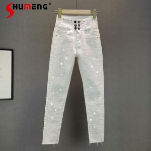 2021 Spring Summer White Jeans for Women New European Elastic Tight Fitting Denim Jeans Hot Rhinestone High Waist Pencil Pants