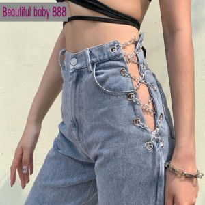 Meqeis harajuku hollow out Chain design Slim jeans woman 2021 high waist leisure streetwear Commute high quality strgight pants