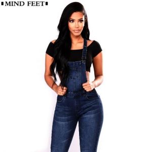 MIND FEET Straps Jeans For Women Basic Classic Dark Blue Female Denim Pants Ripped Hole Stretch Rompers Jumpsuit Jeans Overalls