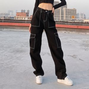 Women Straight Wide Leg Jeans, Trendy Hip Hop Style High Waist Relaxed Fit Denim Pants Pockets Decor Spring Autumn Wear
