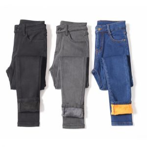 Warm Winter Plus Size Slim Jeans Women Advanced Stretch Cotton Denim Pants Thick Fleece Student Trousers Blue Black Gray