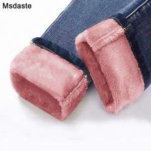 Warm Jeans Pants For Women Plus Size Winter Blue Light blue Solid Skinny Fleeces Thick Pencil Pants with Velvet Denim Trousers