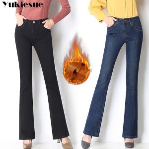 winter warm fleece Wide leg jeans woman with high waist skinny OL office denim jeans for women flare mom jeans plus size mujer